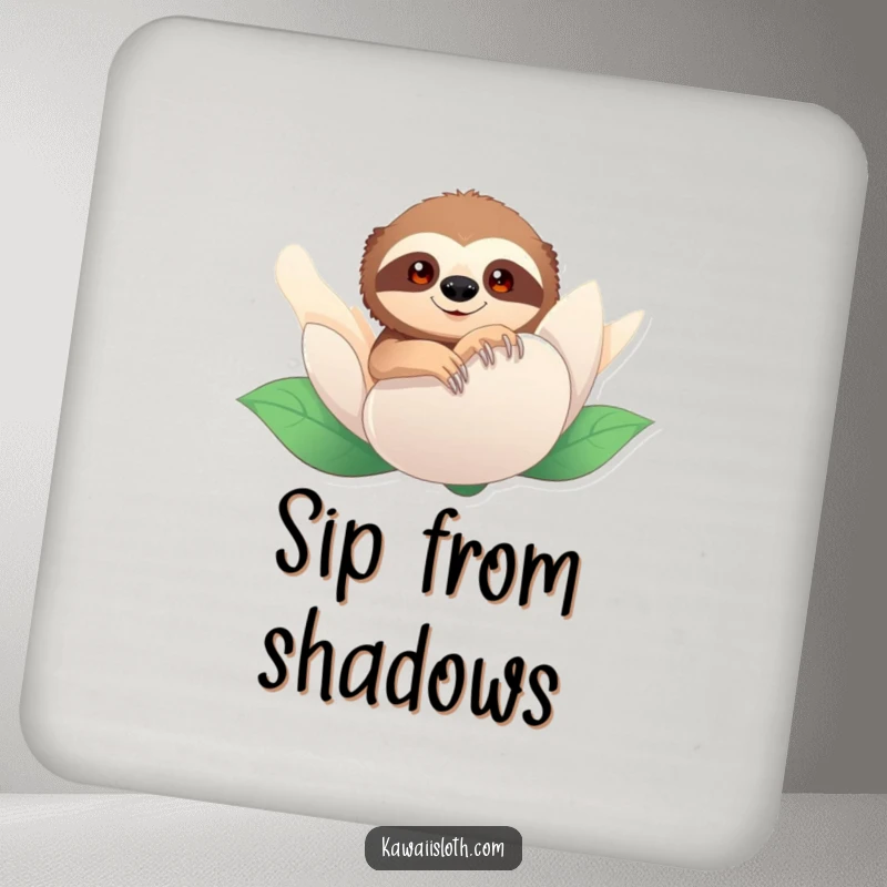 Funny drink coaster featuring a sloth peeking from behind a flower bud. Offers a hint of humor and playful curiosity.