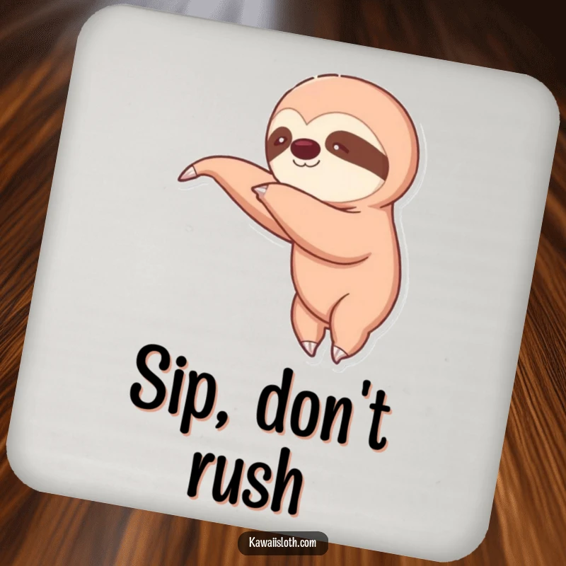 Funny drink coaster featuring a sloth's slow, deliberate reach. Protects surfaces with a humorous, laid-back vibe. Great for parties.