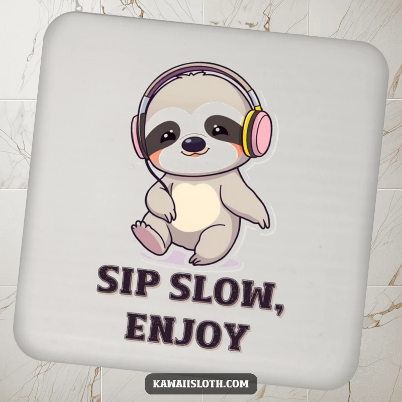 Funny sloth wearing headphones, tapping its foot, on a drink coaster, adds humor to tabletops.