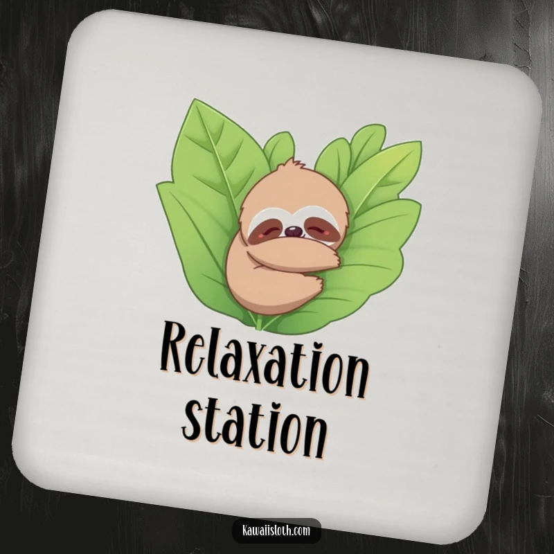 Funny drink coaster featuring a sloth contentedly hugging a leafy plant. Brings a sense of calm and nature humor.