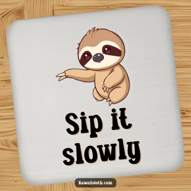 Kawaii sloth coaster, protecting surfaces, reaching out arm, gentle embrace, cute home decor, adorable accessory, cute gift.