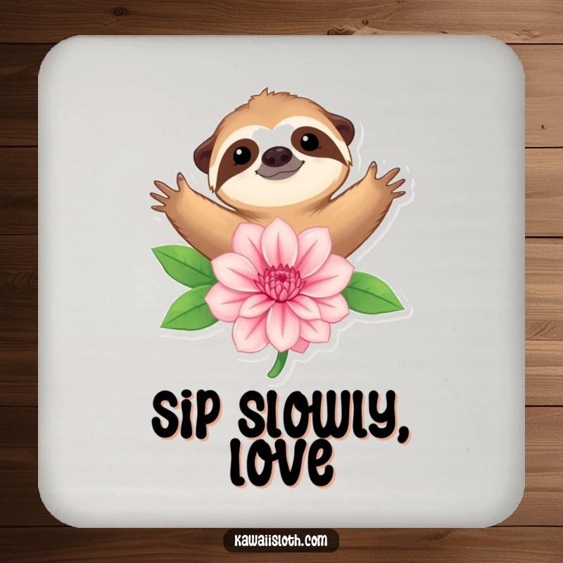 Funny drink coaster showcasing a sloth with arms outstretched, gently embracing a large flower, adding calm to any surface.