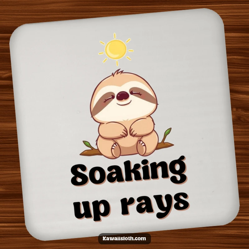 Funny sloth with eyes closed, enjoying a sunbeam, on a drink coaster, adds peaceful humor to tabletops.