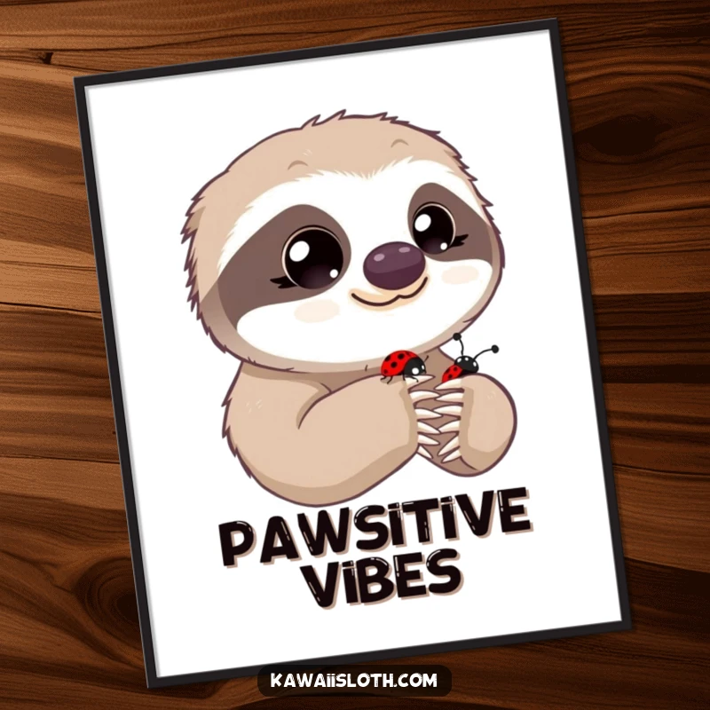 Funny poster of a sloth with wide, innocent eyes observing a ladybug on its paw, embodying gentle curiosity.