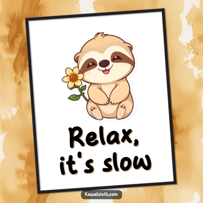 Funny happy sloth with a flower behind its ear waving slowly as a vibrant art print poster, perfect for adding calm decor.