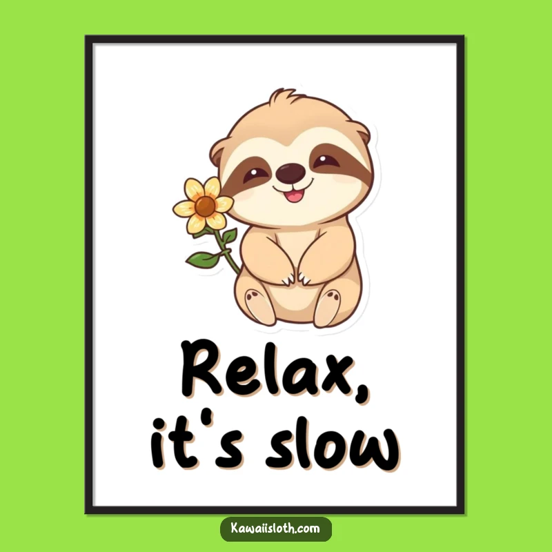 Funny Sloth Art Print - Happy Flower Ear Sloth Waving Poster