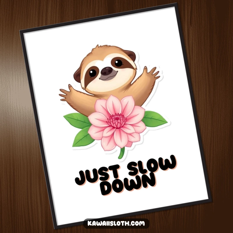 Funny poster of a contented sloth tenderly embracing a large, detailed flower, radiating peace and natural beauty.
