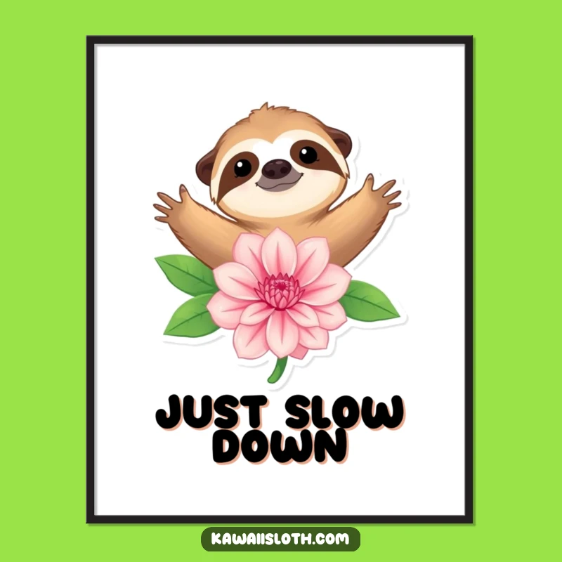 Funny Sloth Embracing Flower Poster - Peaceful Wall Art