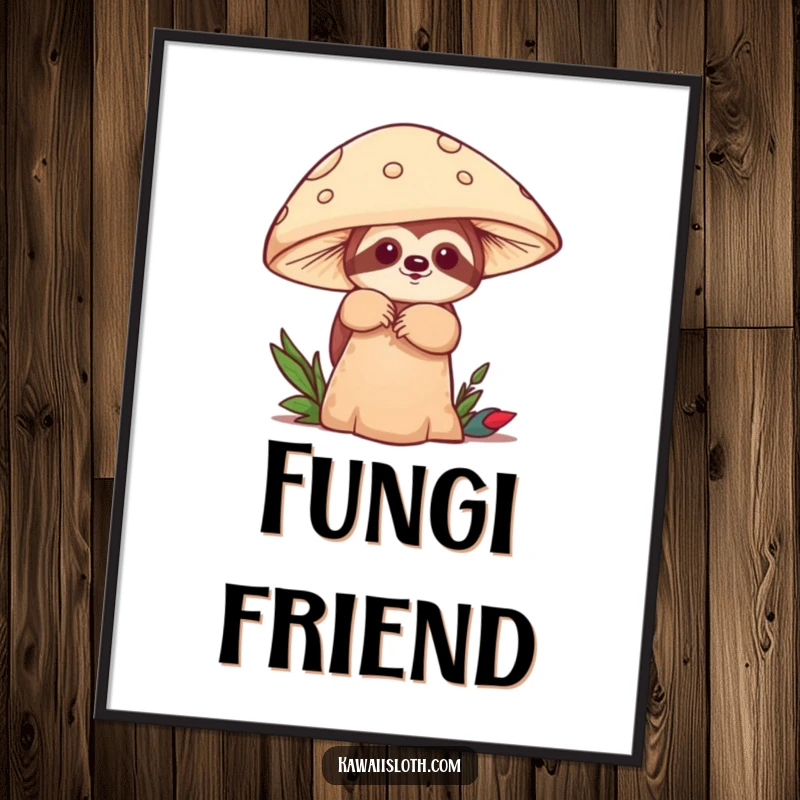 Funny poster artwork of a sloth playfully peeking from behind a large mushroom, creating a whimsical and humorous scene. A great gift.