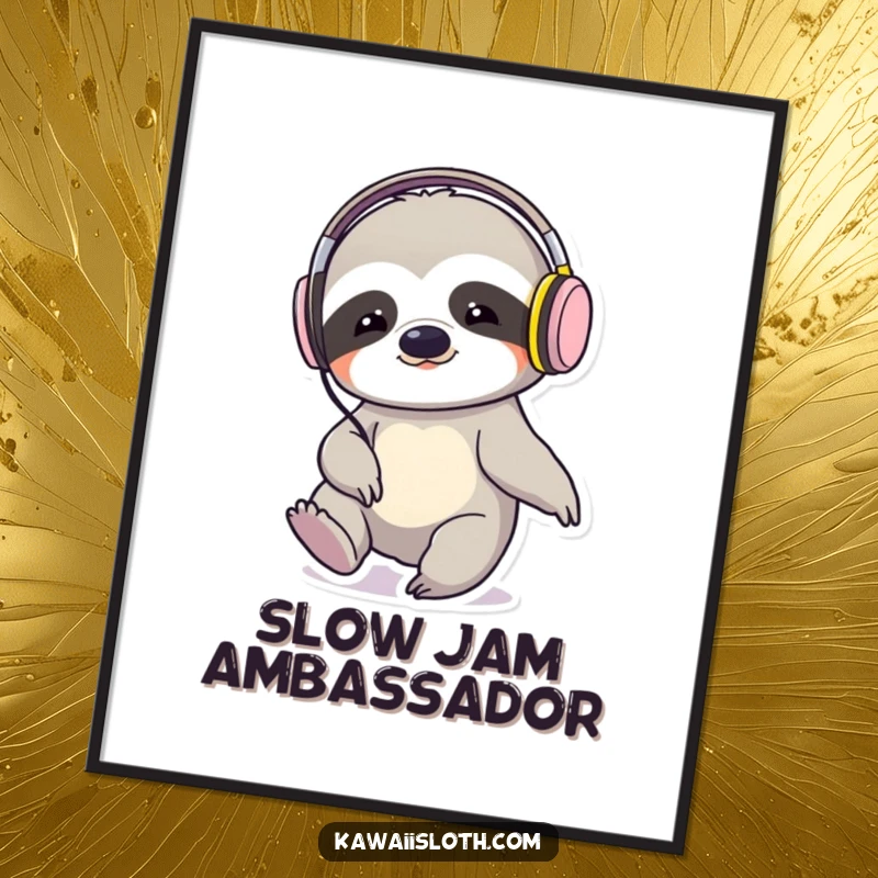 Funny sloth wearing headphones, tapping its foot to unseen music, presented as vibrant wall art poster, humorous decor.