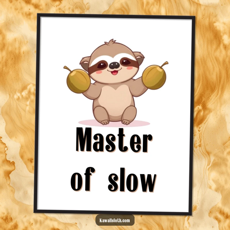 Funny sloth poster, comically juggling coconuts, radiating tropical humor, perfect funny gift.