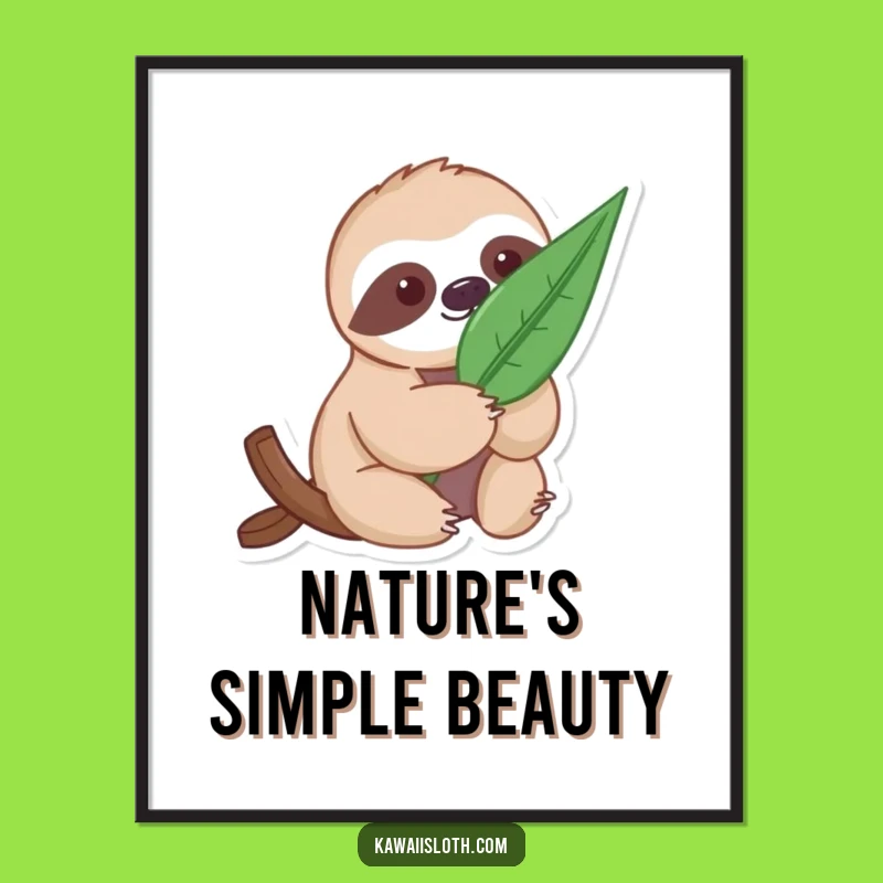 Funny Gentle Sloth Poster with Leaf - Serene Nature Wall Art