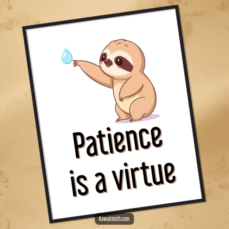 Funny kawaii sloth poster extending a slow arm towards a shimmering dewdrop, illustrating a cute and humorous character symbolizing patient pursuit.