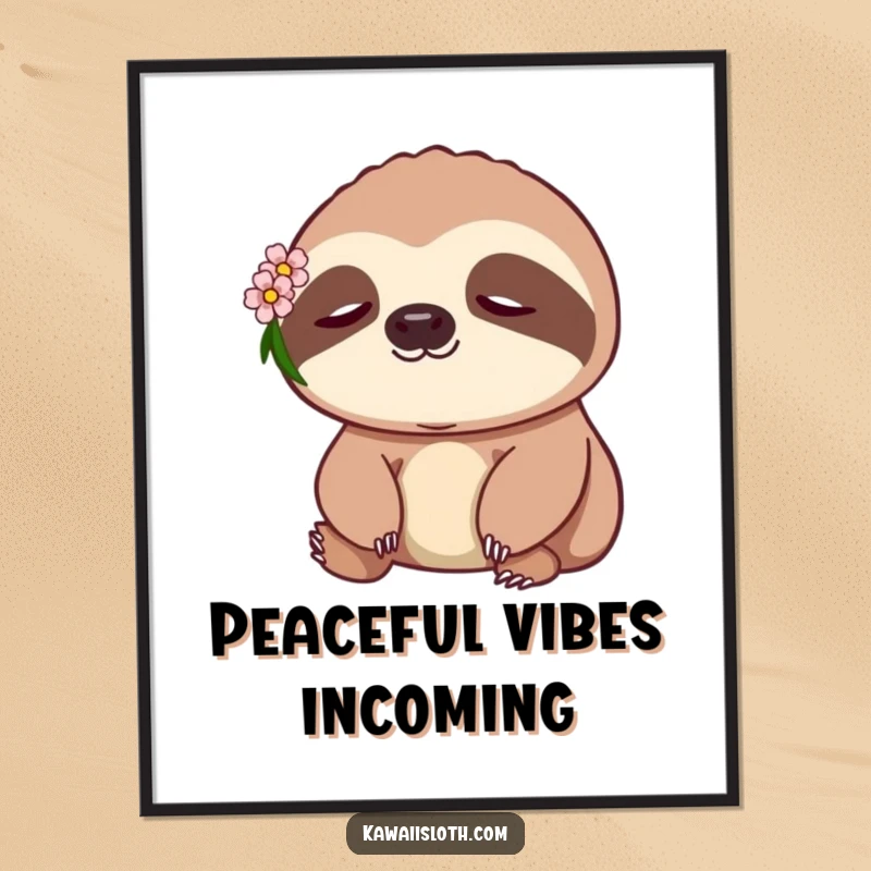Funny Sloth Poster: a peaceful sloth complete with a tiny flower behind its ear, bringing calm wall art.