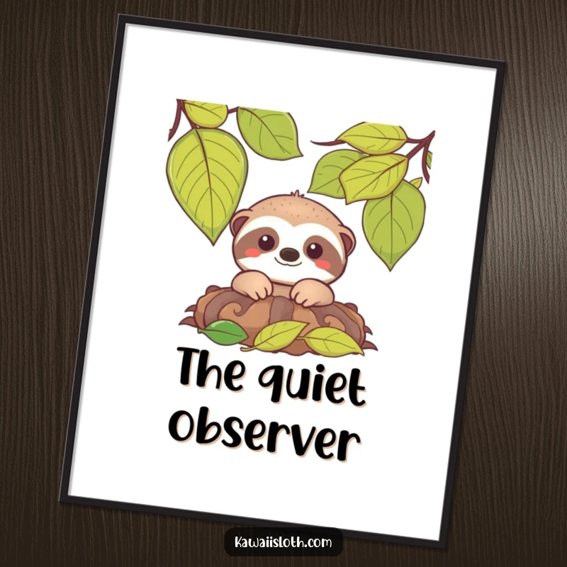 Funny poster of a gentle, smiling sloth peeking out from a cluster of green leaves, bringing a sense of calm.