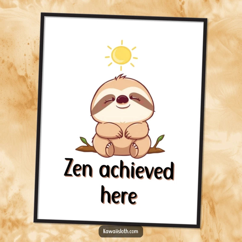 Funny sloth with closed eyes, enjoying a sunbeam, presented as vibrant wall art poster, promoting serenity.