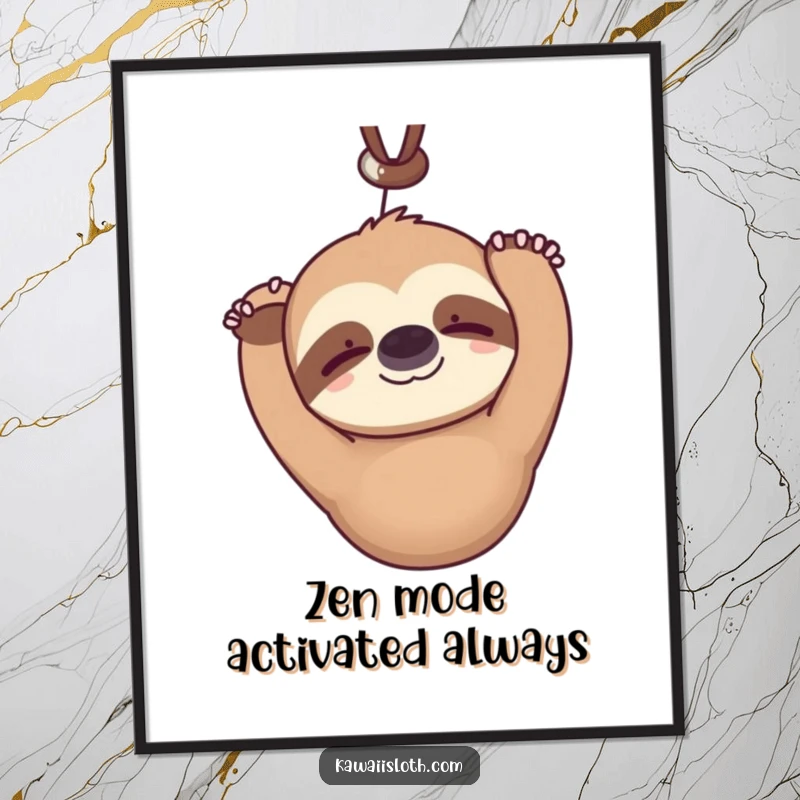 Funny kawaii sloth poster hanging upside down serenely blinking with a faint smile, illustrating a cute and humorous character for calm decor.