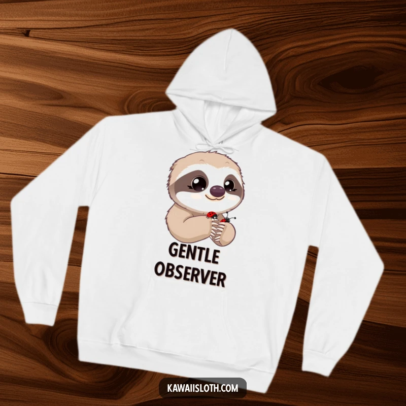 Funny hoodie depicting a sloth with wide, innocent eyes observing a ladybug on its paw, designed for comfort and sweetness.