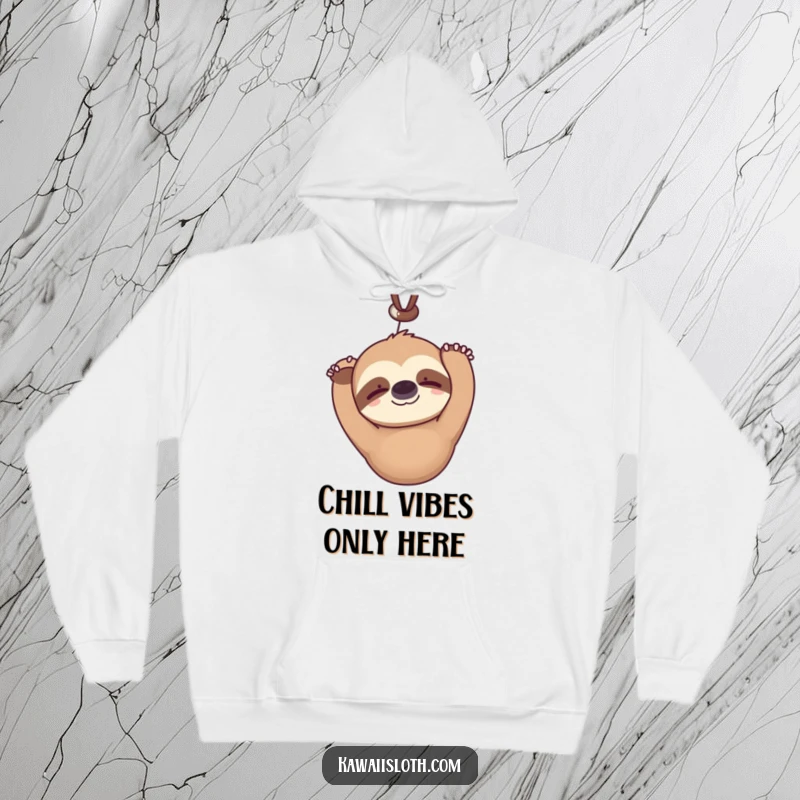 Funny kawaii sloth hoodie hanging upside down serenely blinking with a faint smile, showcasing a cute and humorous character for cozy wear.