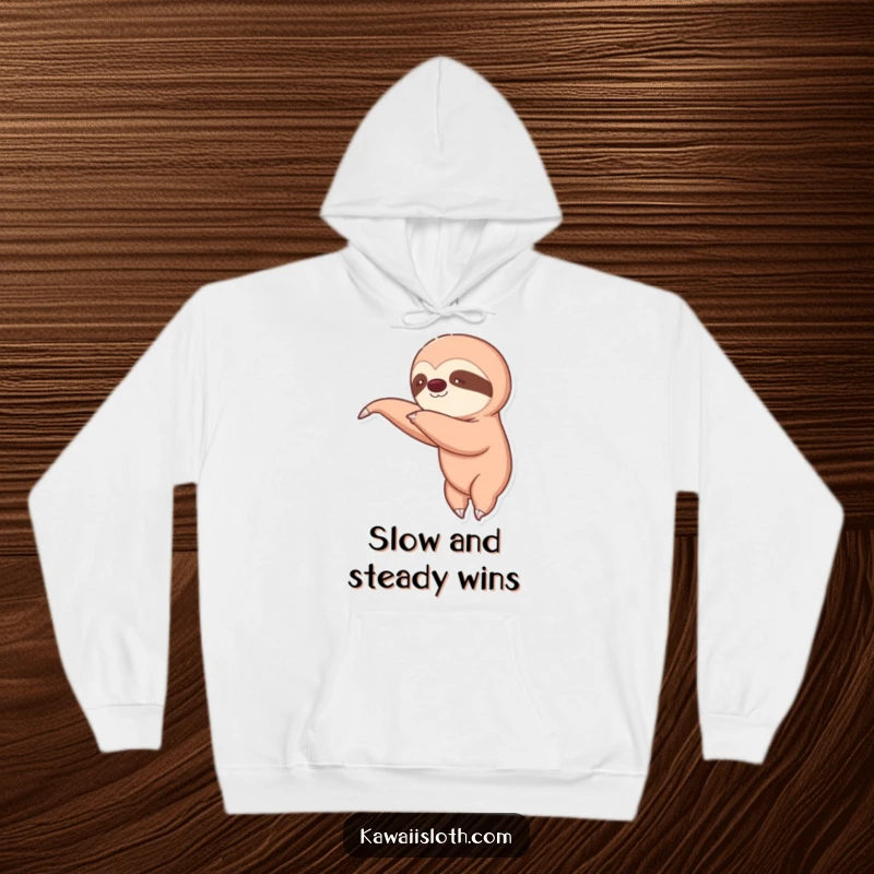Funny hoodie displaying a sloth comically extending its arm in slow motion. Perfect for screen readers to understand the theme of patience and humor.