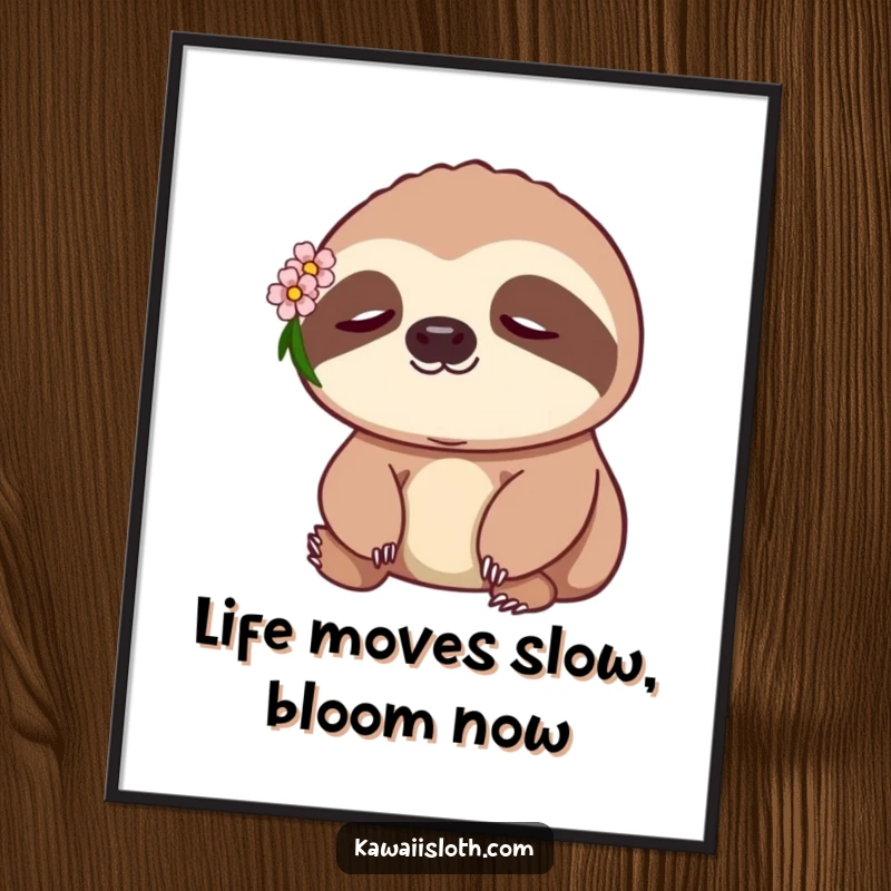 Funny Free Printable Wall Art: A tranquil sloth with a tiny flower behind its ear, exuding peaceful and humorous vibes.
