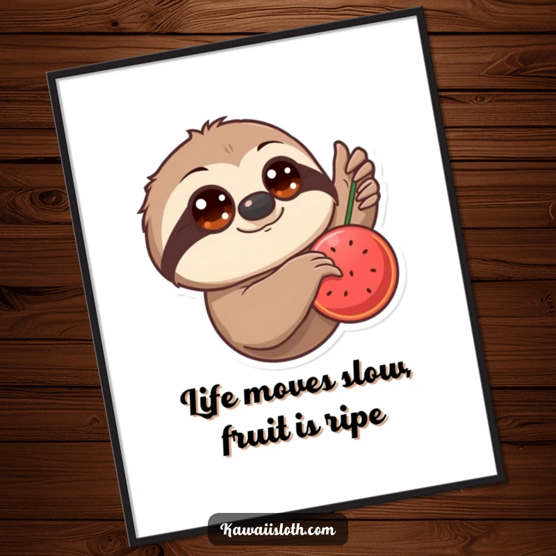Funny Free Printable Wall Art: A wide-eyed sloth slowly extends its arm towards a ripe, juicy piece of fruit.