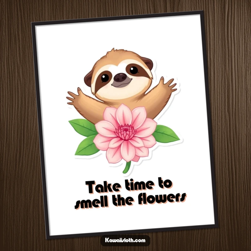 Funny Free Printable Wall Art of a contented sloth with arms outstretched, lovingly embracing a giant flower.