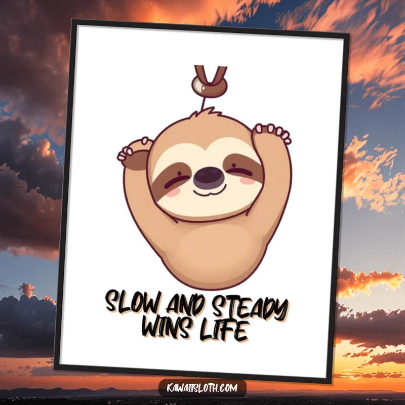 Funny free printable wall art of a kawaii sloth hanging upside down, blinking serenely with a faint smile, peaceful and amusing.