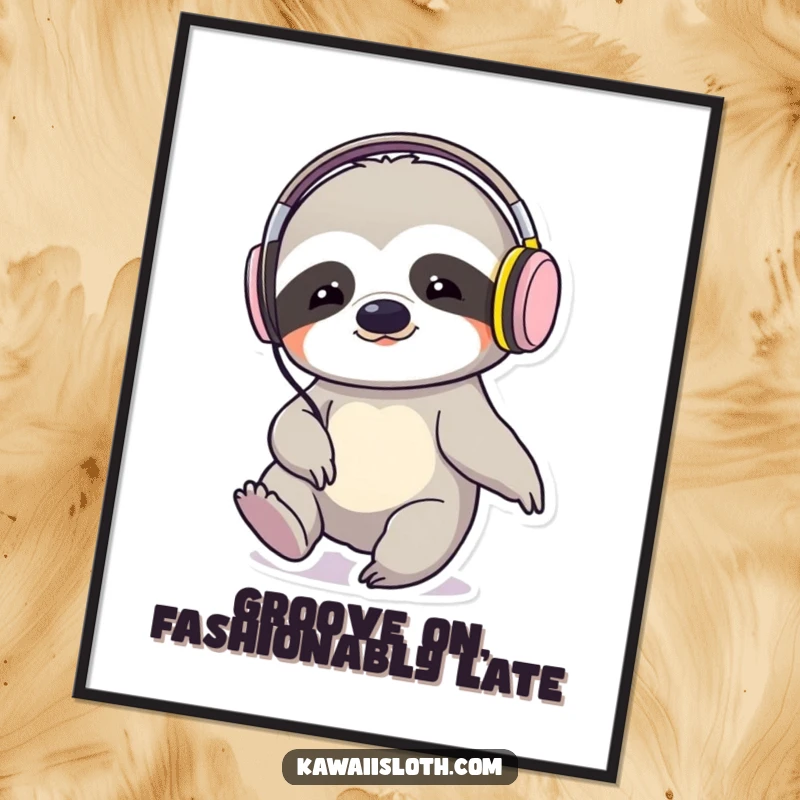 Funny free printable wall art: A cool sloth wearing headphones, slowly tapping its foot in a rhythmic, relaxed pose, ready to drop the beat.