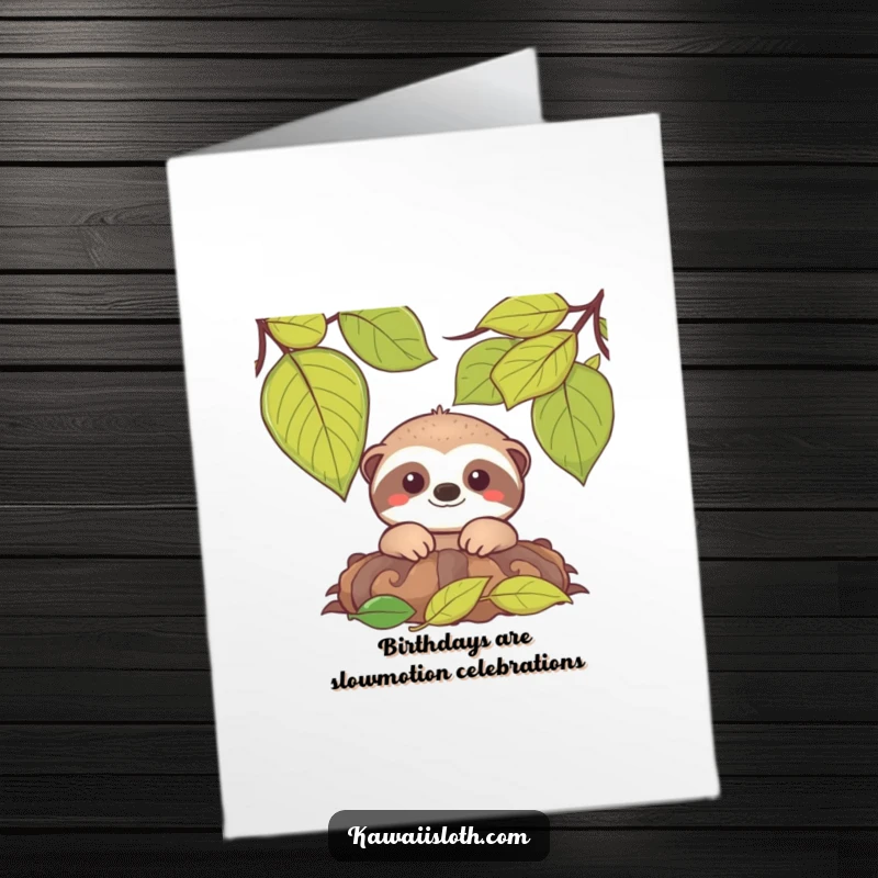 Funny Free Printable Birthday Card: A smiling sloth peeks out from a pile of leaves with pure sweetness.