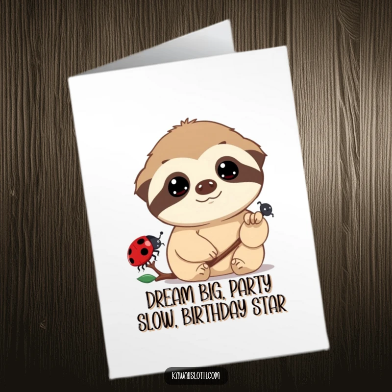 Funny Free Printable Birthday Card: Sloth with dreamy eyes gazes at a slow ladybug, capturing birthday wonder.
