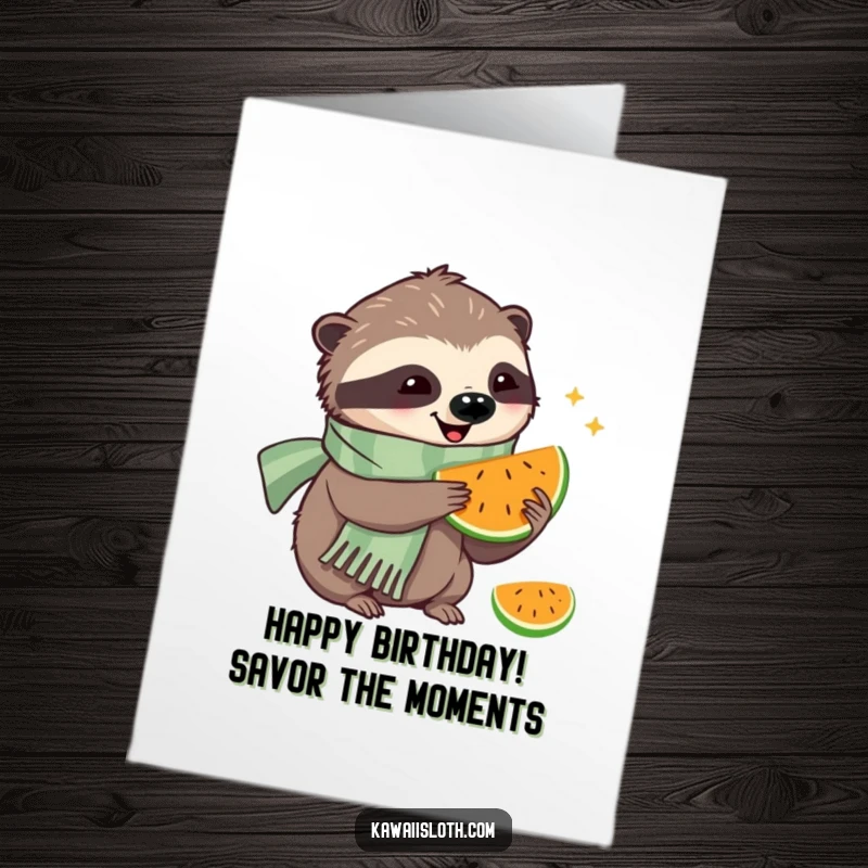 Funny Free Printable Birthday Card: A sloth in a scarf happily takes a slow bite of delicious fruit.