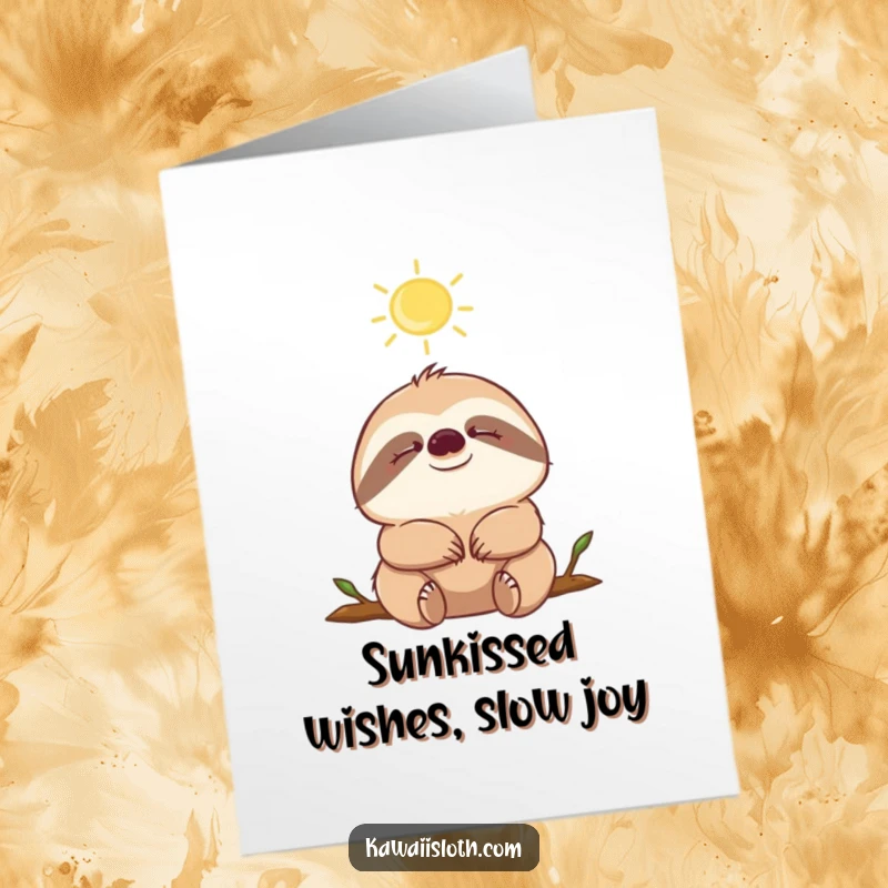 Funny free printable birthday card: A content sloth with closed eyes, blissfully enjoying a warm sunbeam, radiating pure relaxation.