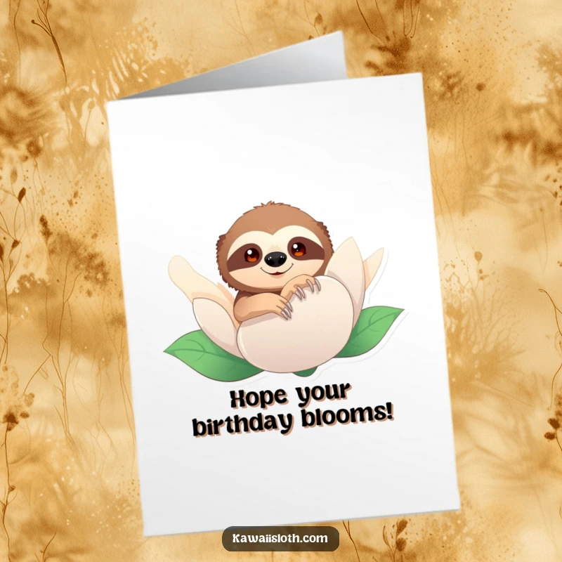 Funny Free Printable Birthday Card: Shy sloth peeking from behind a huge flower bud, a surprise birthday greeting.