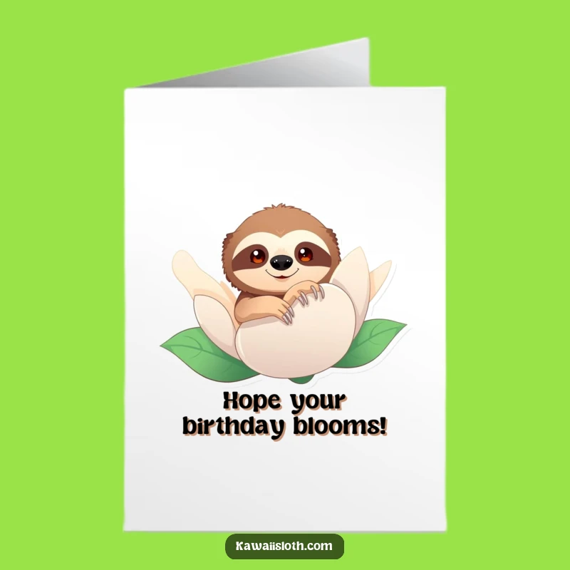 Free Printable Birthday Card: Sloth Peeking Flower Bud, Funny Downloadable Gift