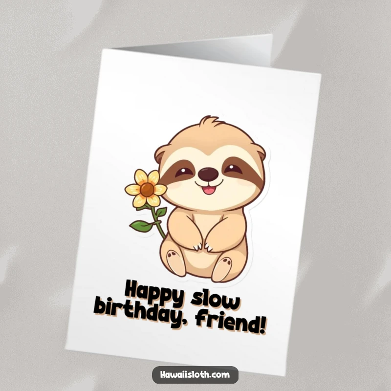 Funny Free Printable Birthday Card: A happy sloth with a flower behind its ear waves slowly, sending birthday cheer.