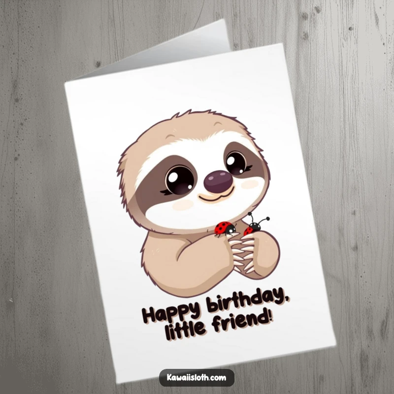Funny Free Printable Birthday Card showing a sloth with wide, innocent eyes observing a tiny ladybug on its paw.