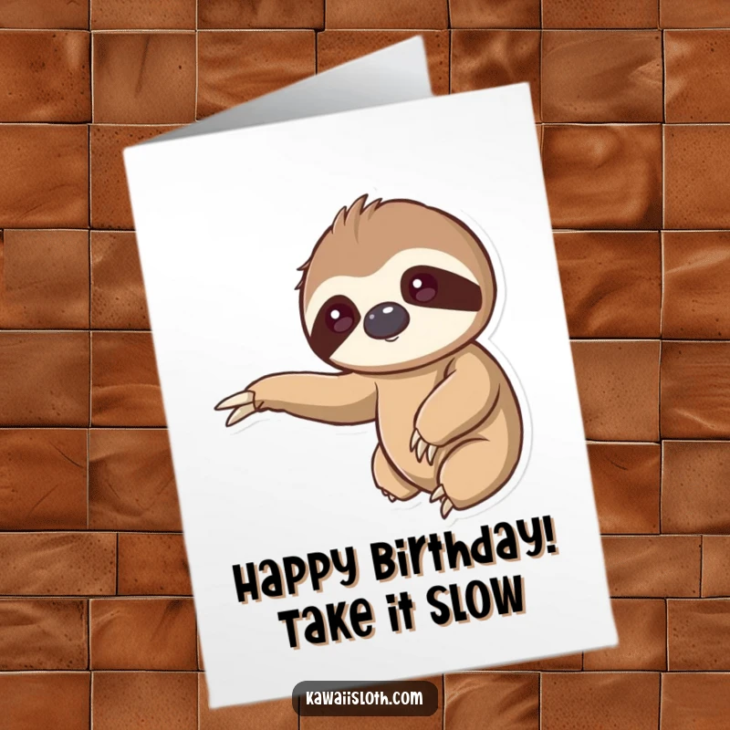 Funny Free Printable Birthday Card: A kawaii sloth slowly reaches out a long, gentle arm offering a hug.