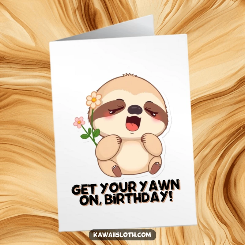 Funny Free Printable Birthday Card: Sleepy Sloth Yawning Deeply, Flower on Head