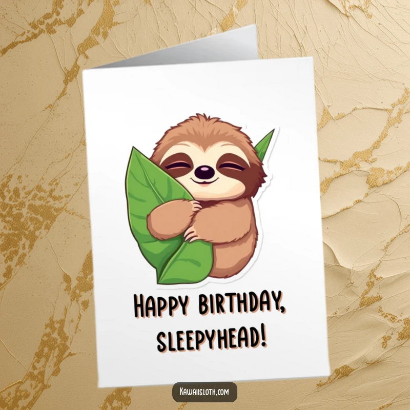 Funny Free Printable Birthday Card: A sleepy sloth with wide eyes hugs a giant leaf, wishing a cozy birthday.