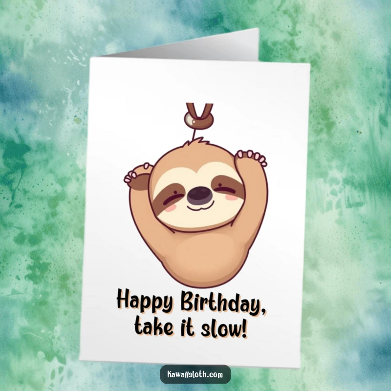 Funny free printable birthday card featuring a kawaii sloth hanging upside down, blinking serenely with a faint, happy smile.