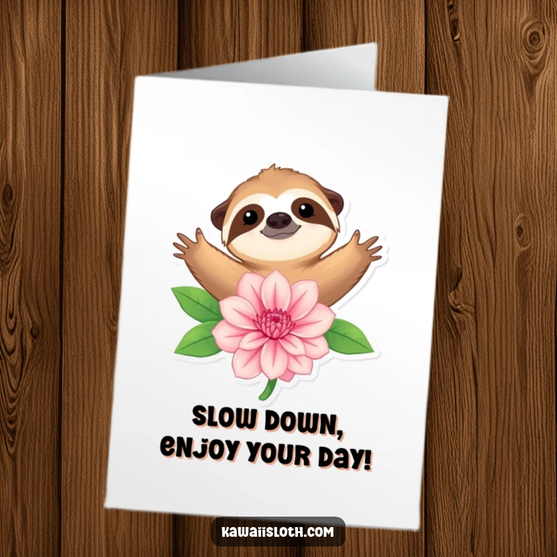 Funny Free Printable Birthday Card showing a happy sloth with arms outstretched embracing a large, colorful flower.