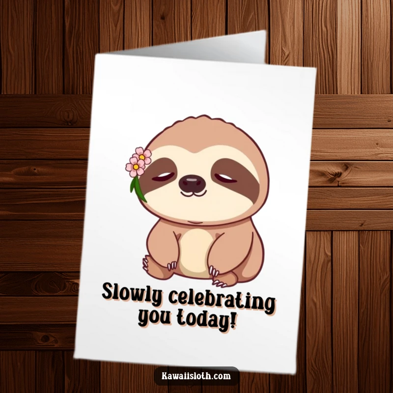 Funny Free Printable Birthday Card: A sloth smiles with a tiny flower, radiating peace and humor for an unforgettable gift.
