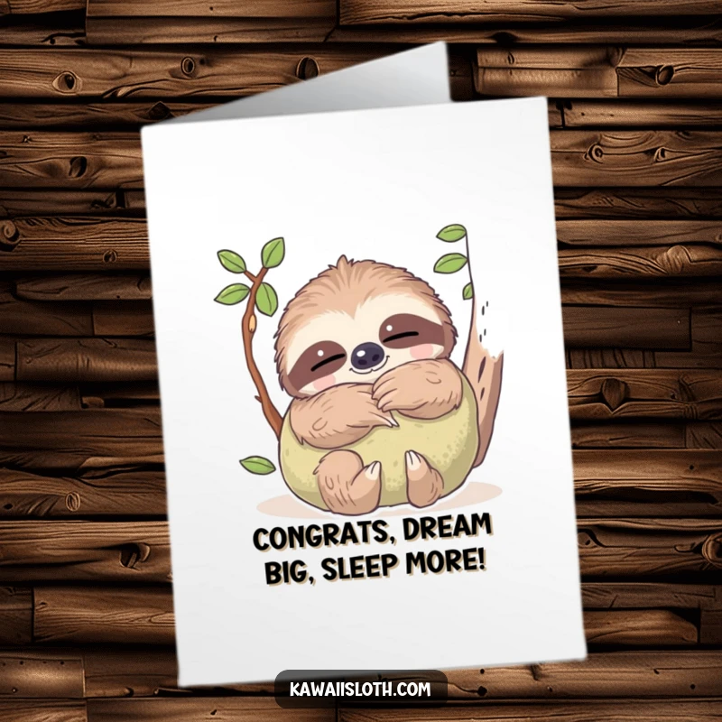 Funny Free Printable Congratulations Card depicting a sloth with dreamy eyes embracing a plush mossy pillow, celebrating with comfort.