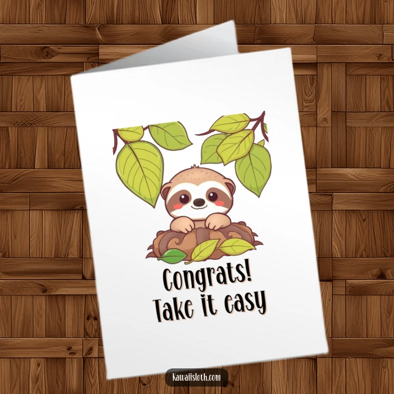 Funny Free Printable Congrats Card: A gentle sloth with a soft smile peeks from behind colorful leaves.