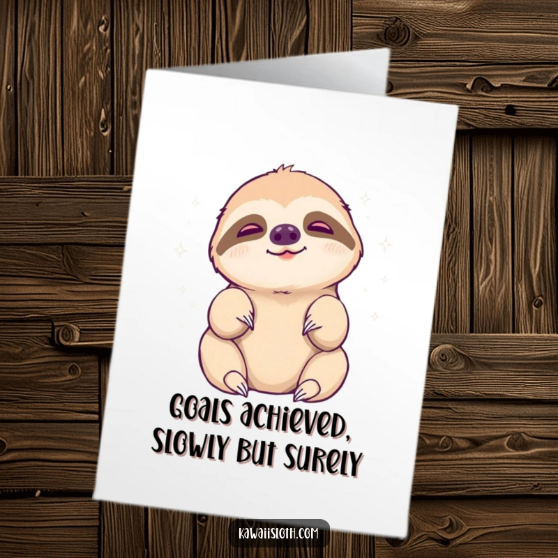 Funny Free Printable Congratulations Card: Sloth languidly stretching towards a glowing, peaceful aura. Calm accomplishment.