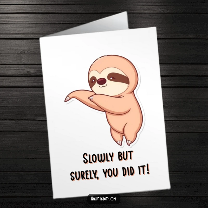 Funny Free Printable Congratulations Card: Sloth stretching a long arm towards a celebration, embodying slow achievement.