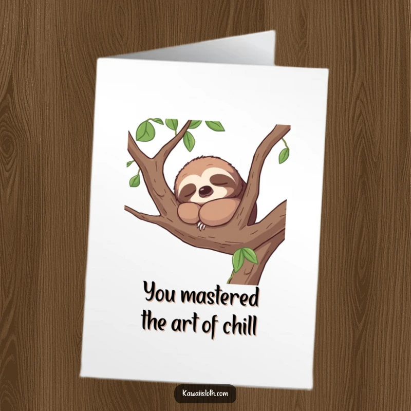 Funny Free Printable Congratulations Card showing a contented sloth peacefully napping on a branch, offering relaxed congrats.