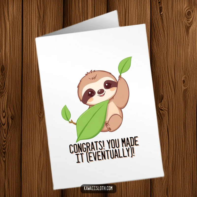 Funny Free Printable Congratulations Card: Sloth slowly reaching for a leaf, symbolizing slow but sure success.