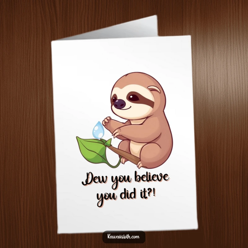 Funny Free Printable Congratulations Card: Sloth cautiously reaches for a glistening dewdrop, celebrating milestones with gentle humor.